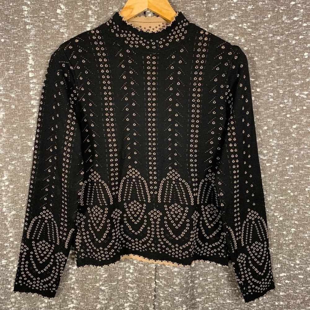 Vintage Cabo Knit Patterned Sweater‎ Black Mock Neck Boho Chic Women's Large